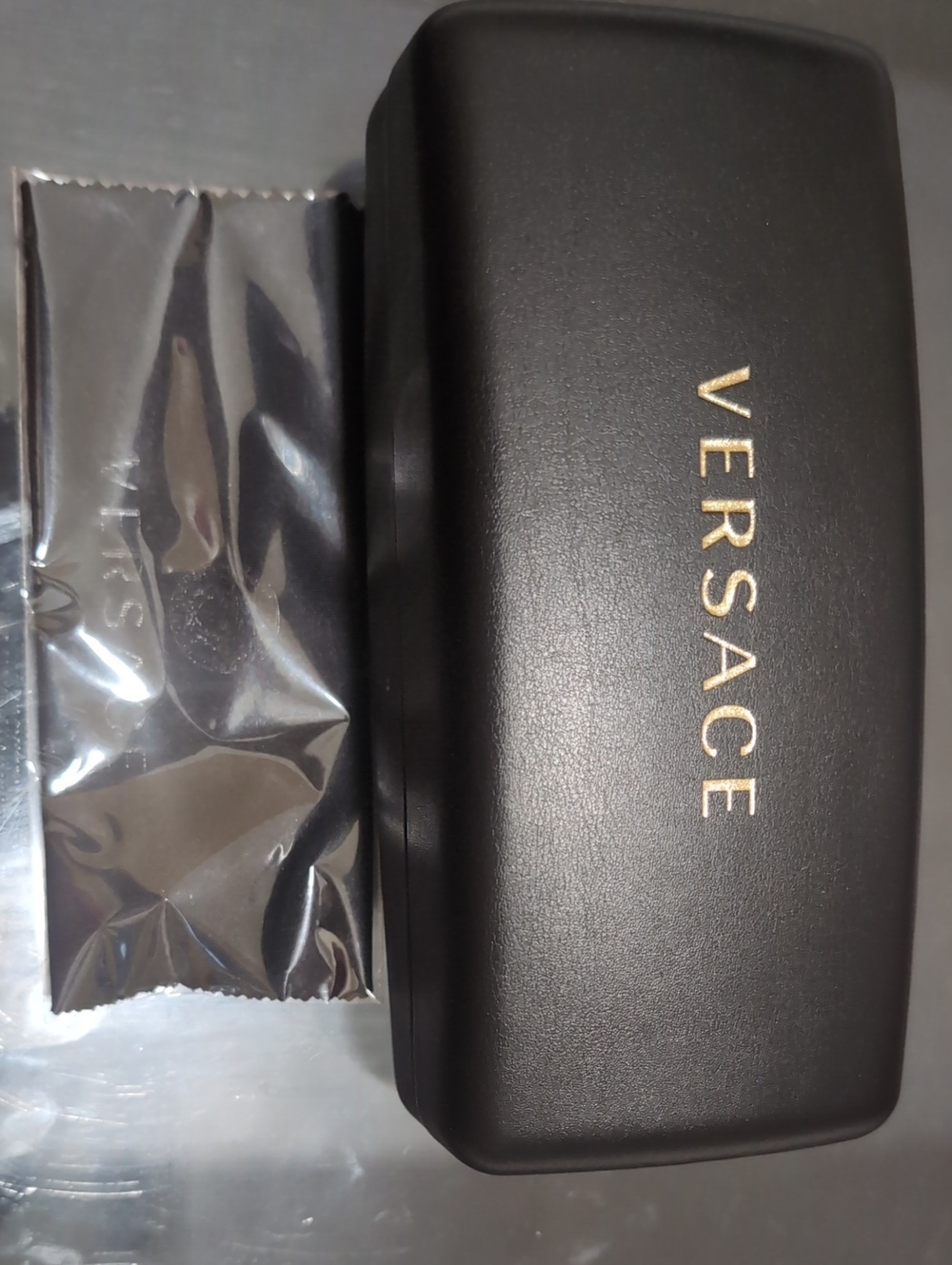 Versace Black Hard Sunglasses Case with Gold Logo and Cleaning Cloth